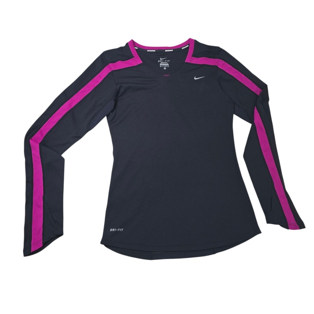 NIKE Women's DriFit Long Sleeve Running Top‎ Black Purple Thumb Holes Size XS